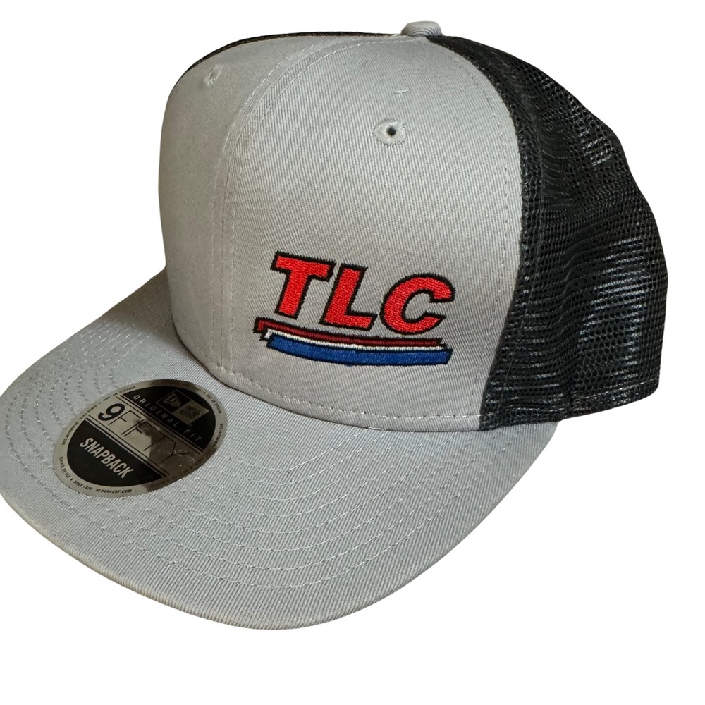 New Era TLC Embroidery Snapback Cap Gray Black Mesh Trucker Hat OS Original Fit